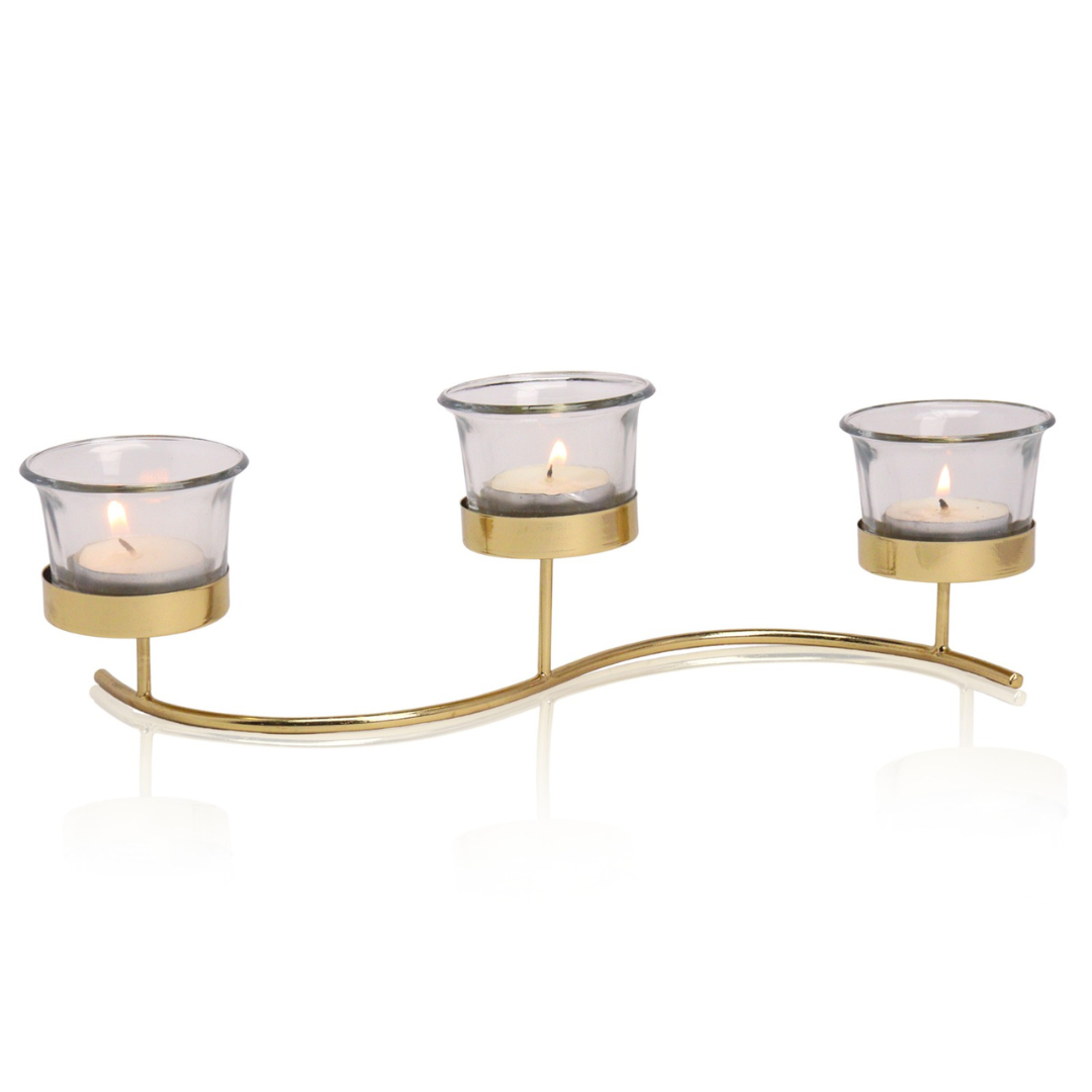 Desidine Golden Finishing Tea Light Candle Holder with 3 Glass