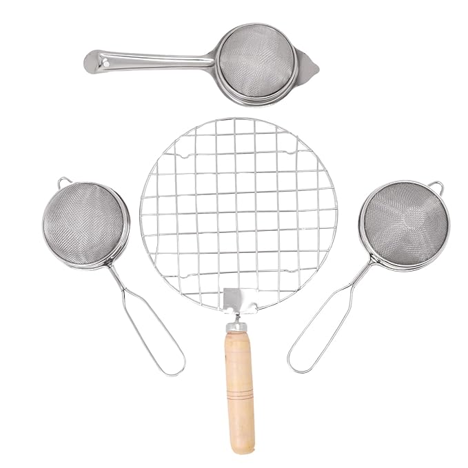 Stainless Steel Multi-Purpose Cooking Set, 3 Pieces Strainer with 1 Piece Wooden Handle Roaster