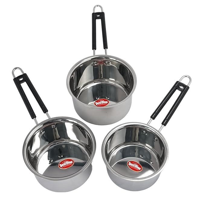 DesiDine Heavy Gauge Stainless Steel Milk Pan/Saucepan/Tea Pan Pot Set of 3/1, 1.5, 2 Liter