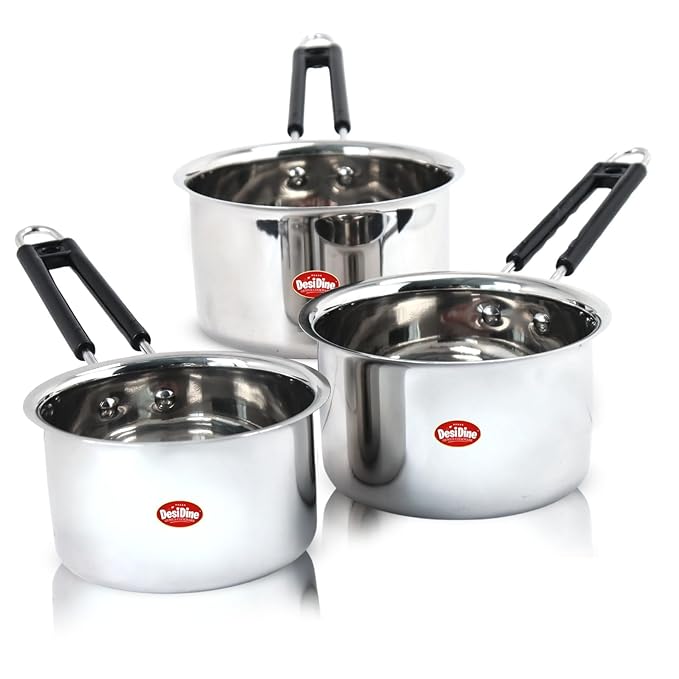 DesiDine Heavy Gauge Stainless Steel Milk Pan/Saucepan/Tea Pan Pot Set of 3/1, 1.5, 2 Liter