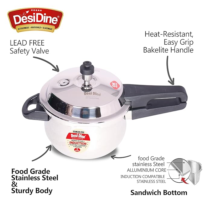 DesiDine Stainless Steel Outer Lid Induction Base Handi Pressure Cooker