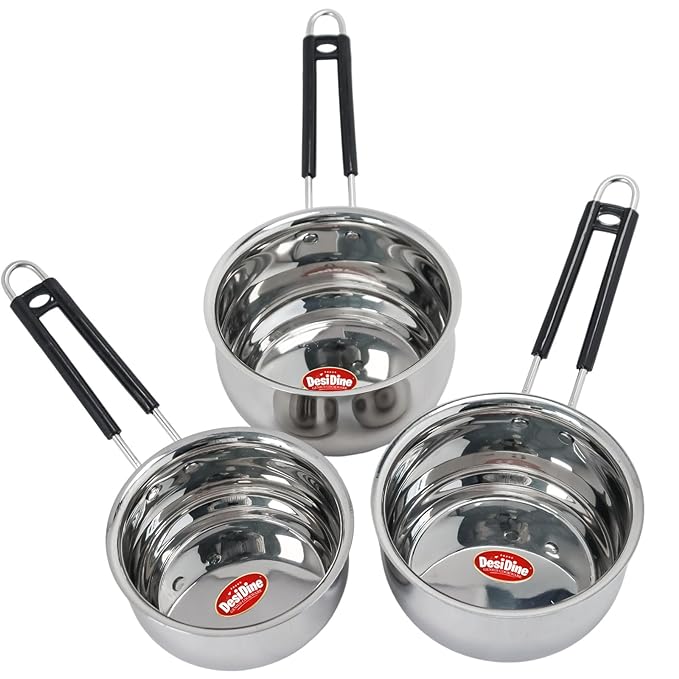 DesiDine Heavy Material Stainless Steel Belly Shape Saucepan Set of 3