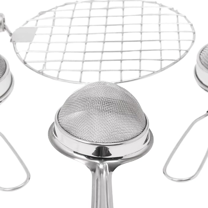 Stainless Steel Multi-Purpose Cooking Set, 3 Pieces Strainer with 1 Piece Wooden Handle Roaster