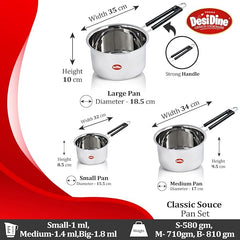 DesiDine Heavy Gauge Stainless Steel Milk Pan/Saucepan/Tea Pan Pot Set of 3/1, 1.5, 2 Liter