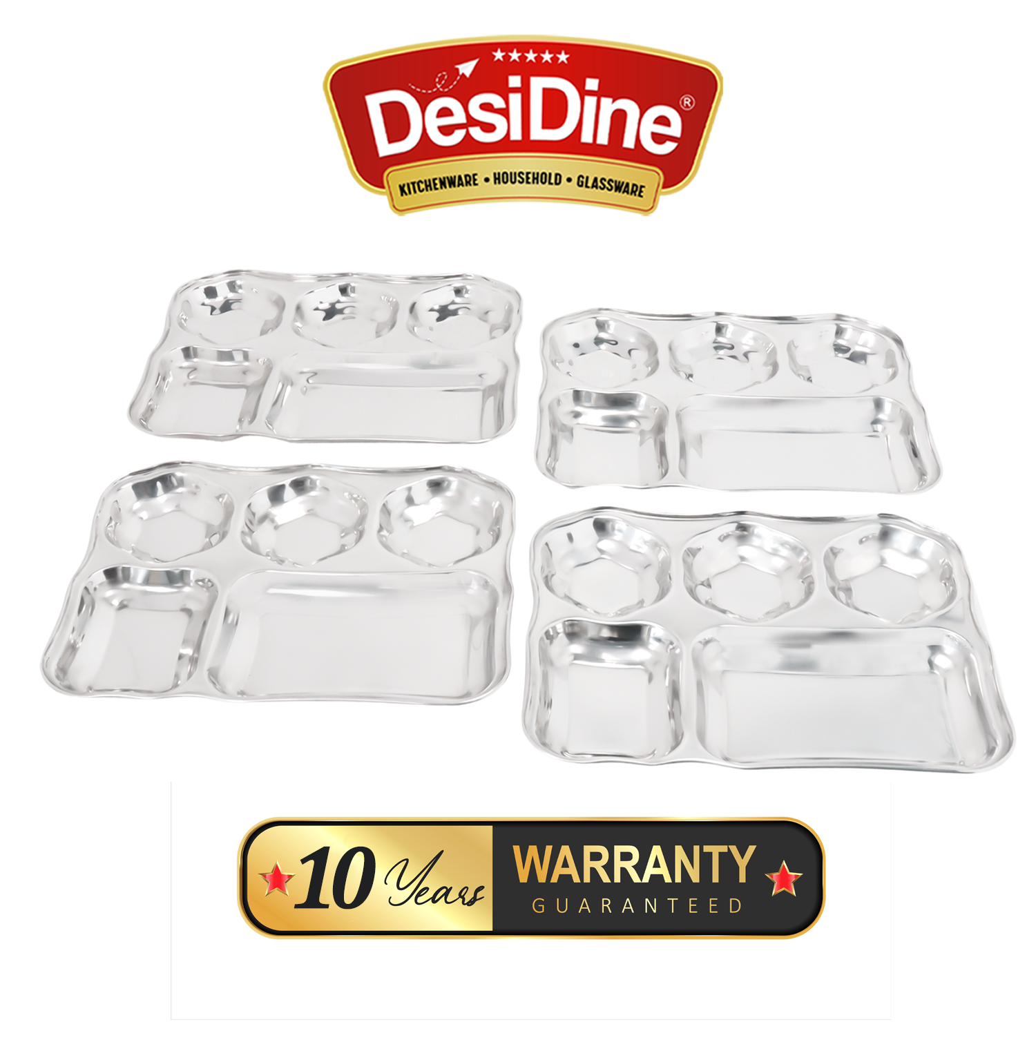 Desidine Stainless Steel 5 in 1 Flower Shape Compartment Thali – Set of 4