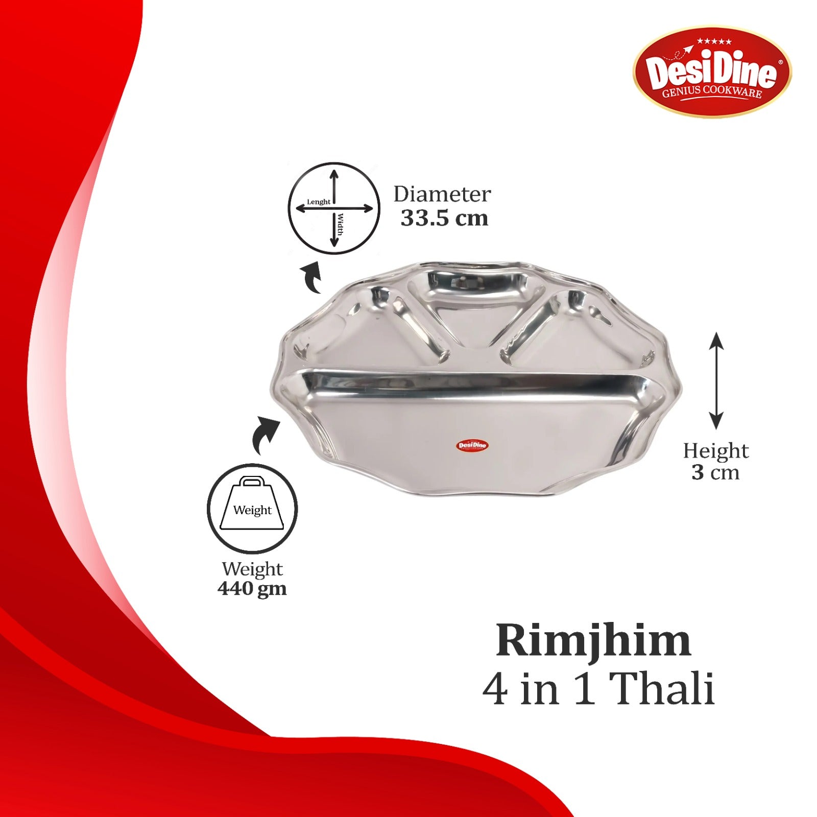 DESIDINE Stainless Steel Rimhjhim 4 in 1 Dinner Plate/Bhojan Thal