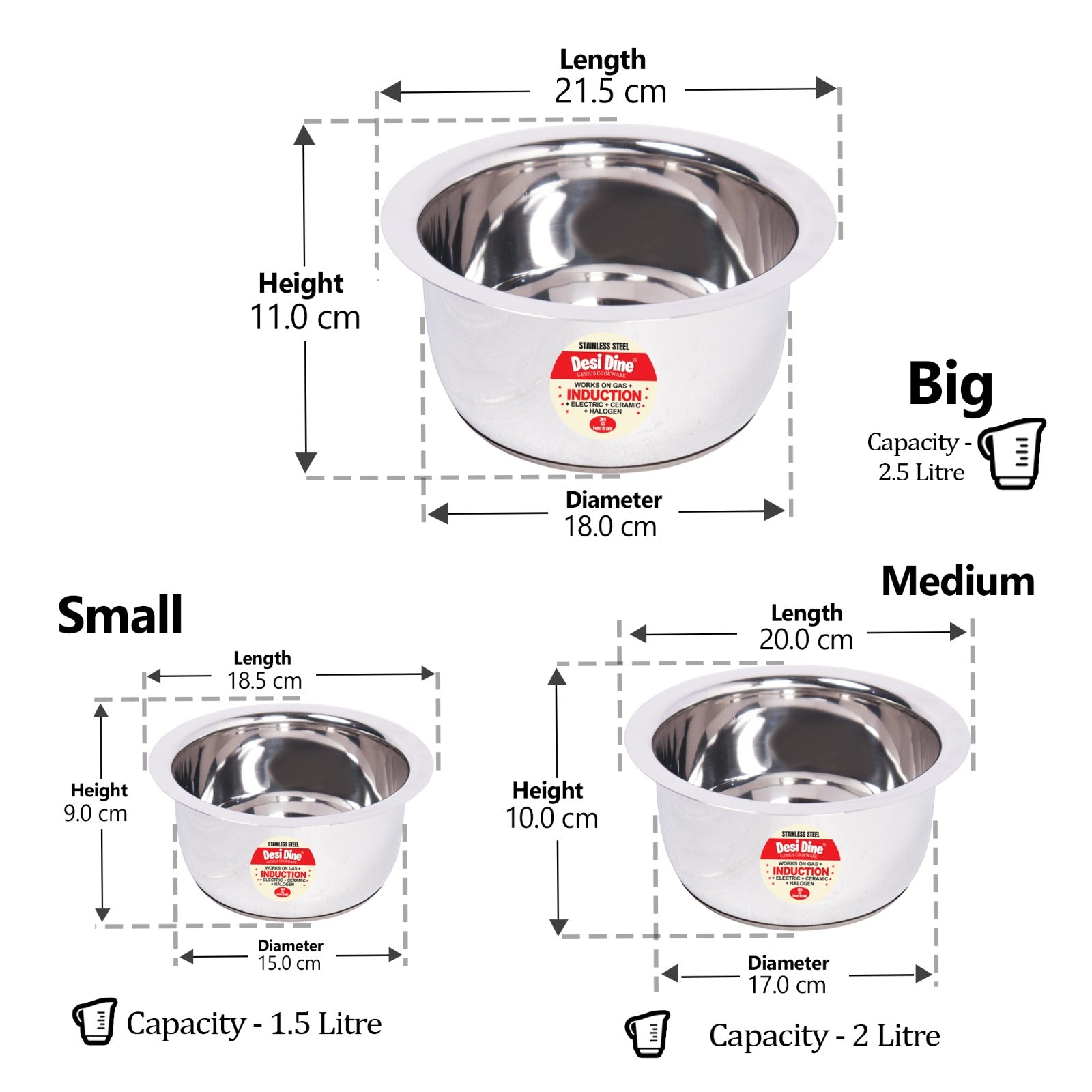 Sandwich Bottom Stainless Steel Tope Set of 3, Induction & Gas Base/1, 1.5, 2 Litre