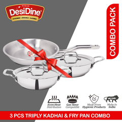 Desidine 3 pcs combo pack Fry pan with 2 pcs triply kadhai