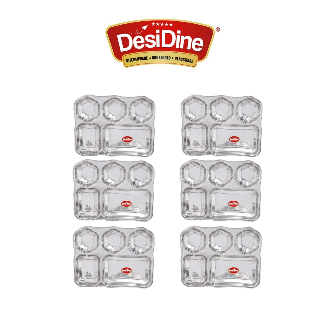 Desidine Stainless Steel 5 in 1 Flower Shape Compartment Thali – Set of 4