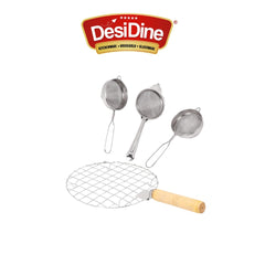 Stainless Steel Multi-Purpose Cooking Set, 3 Pieces Strainer with 1 Piece Wooden Handle Roaster