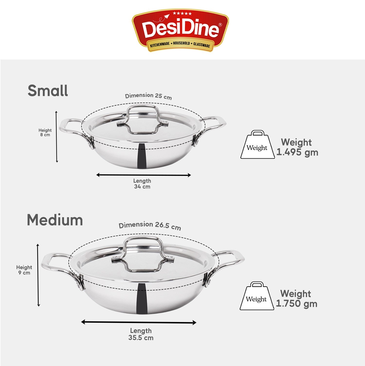 DesiDine Triply Stainless Steel Kadhai With Lid