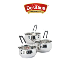 DesiDine Heavy Material Stainless Steel Belly Shape Saucepan Set of 3