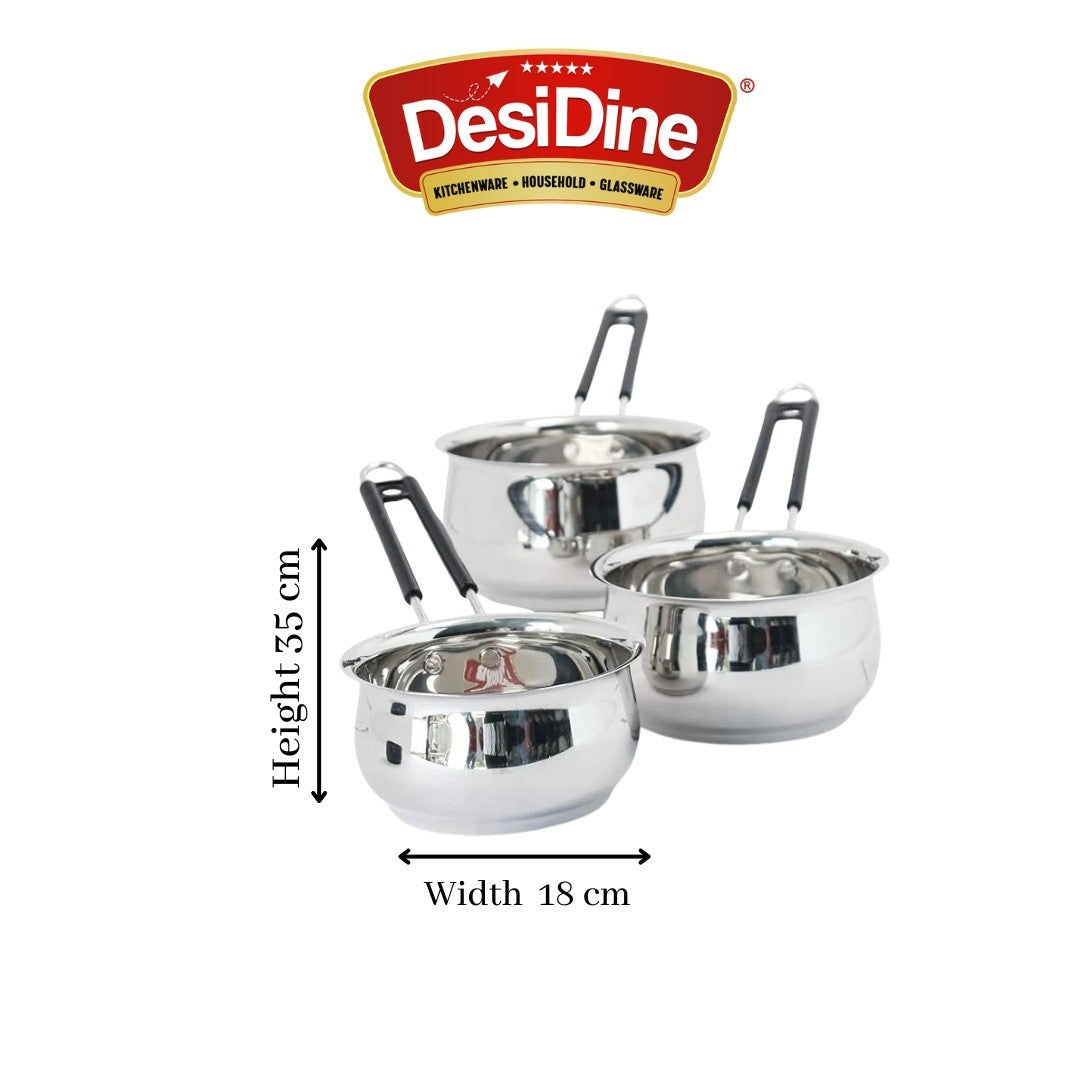 DesiDine Heavy Material Stainless Steel Belly Shape Saucepan Set of 3