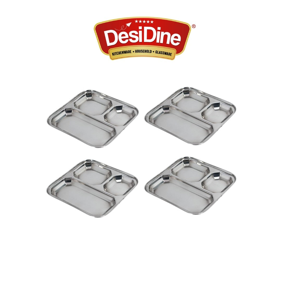 DesiDine 3 In 1 Stainless Steel Plates with Compartments Set of 6