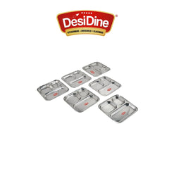 DesiDine 3 In 1 Stainless Steel Plates with Compartments Set of 6