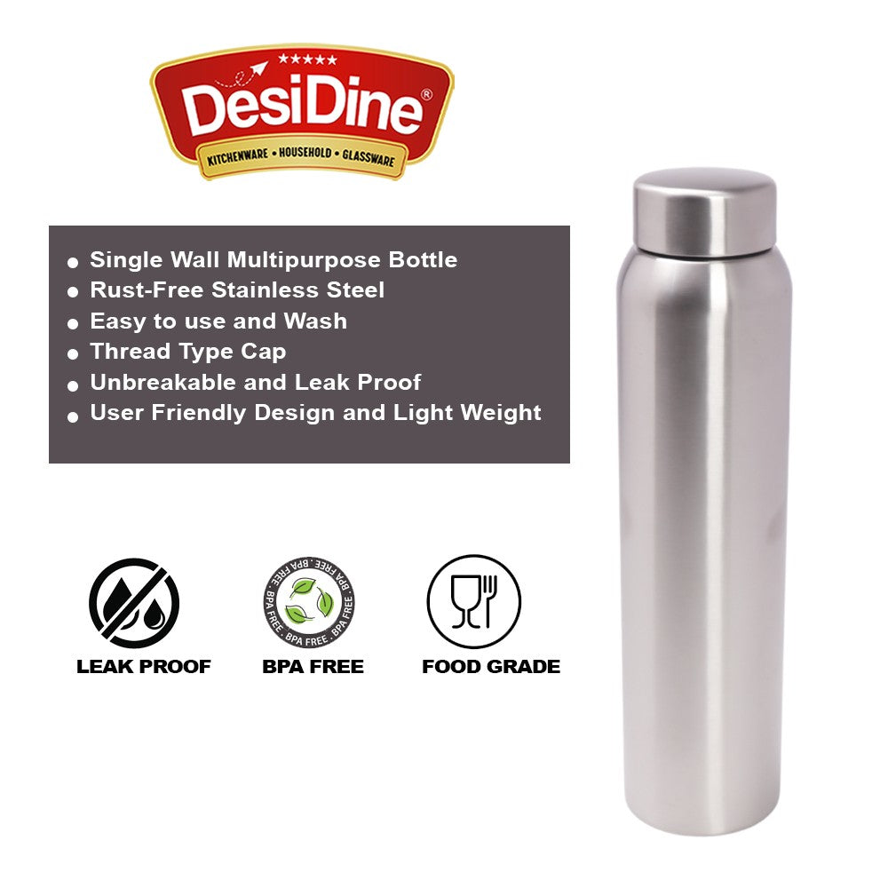 Desidine Single Wall Stainless Steel Water Bottle, 1 Litre