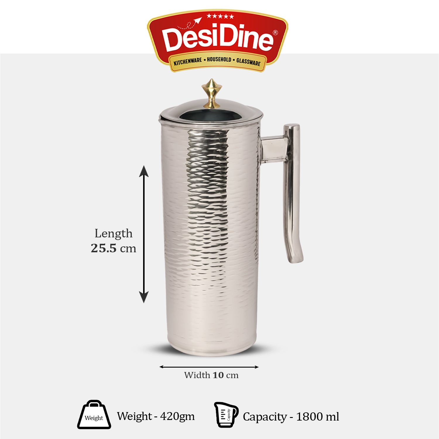 Desidine Hammered Silver Stainless Steel Water Jug